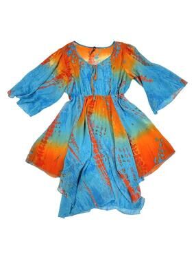 Y2K Sienna Rose Boho Bell Sleeve Tie Dye Top Blue Festival Beachy Coverup Medium